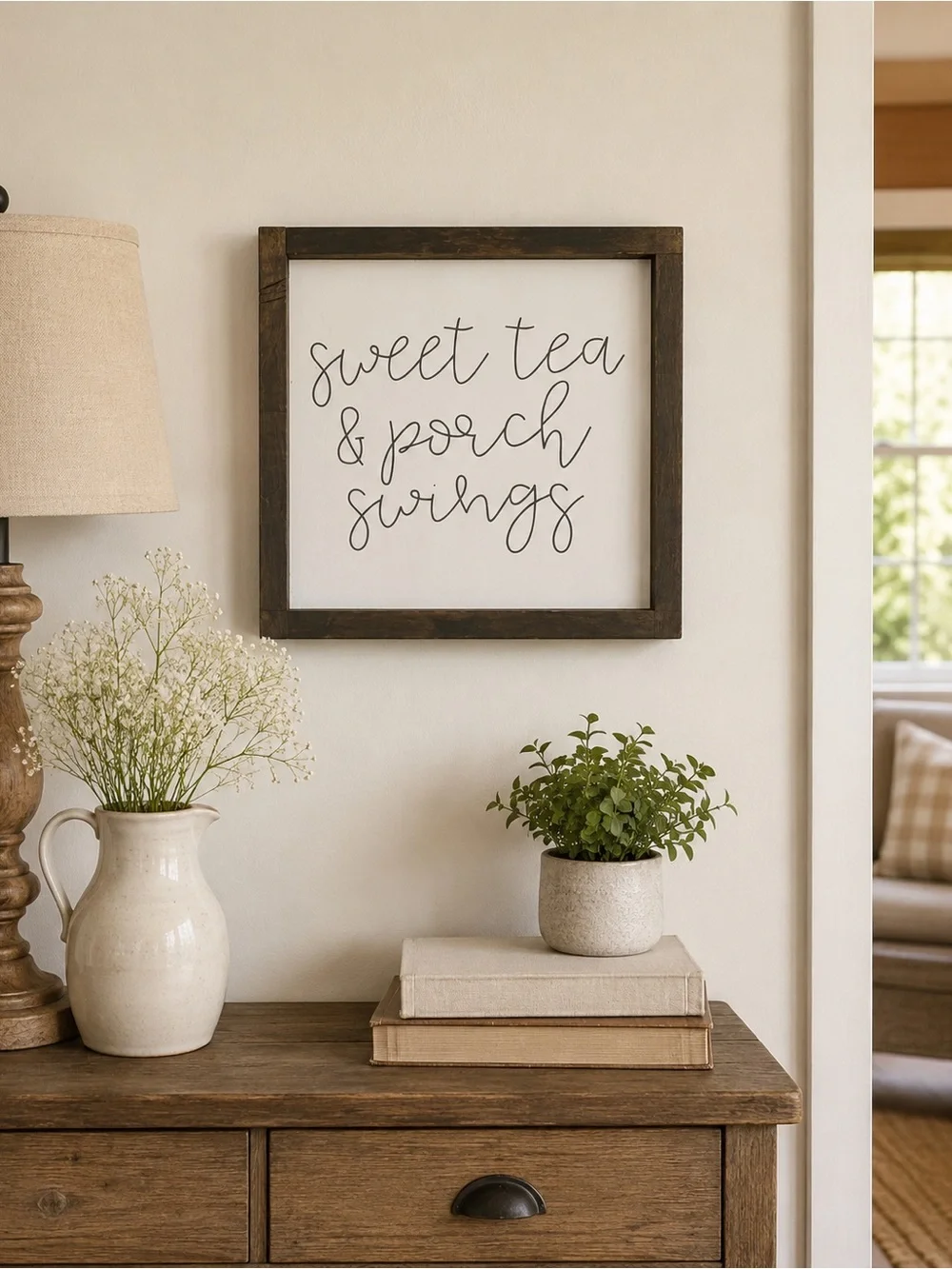 Sweet Tea & Porch Swings Framed Wall Art - Black Script on White